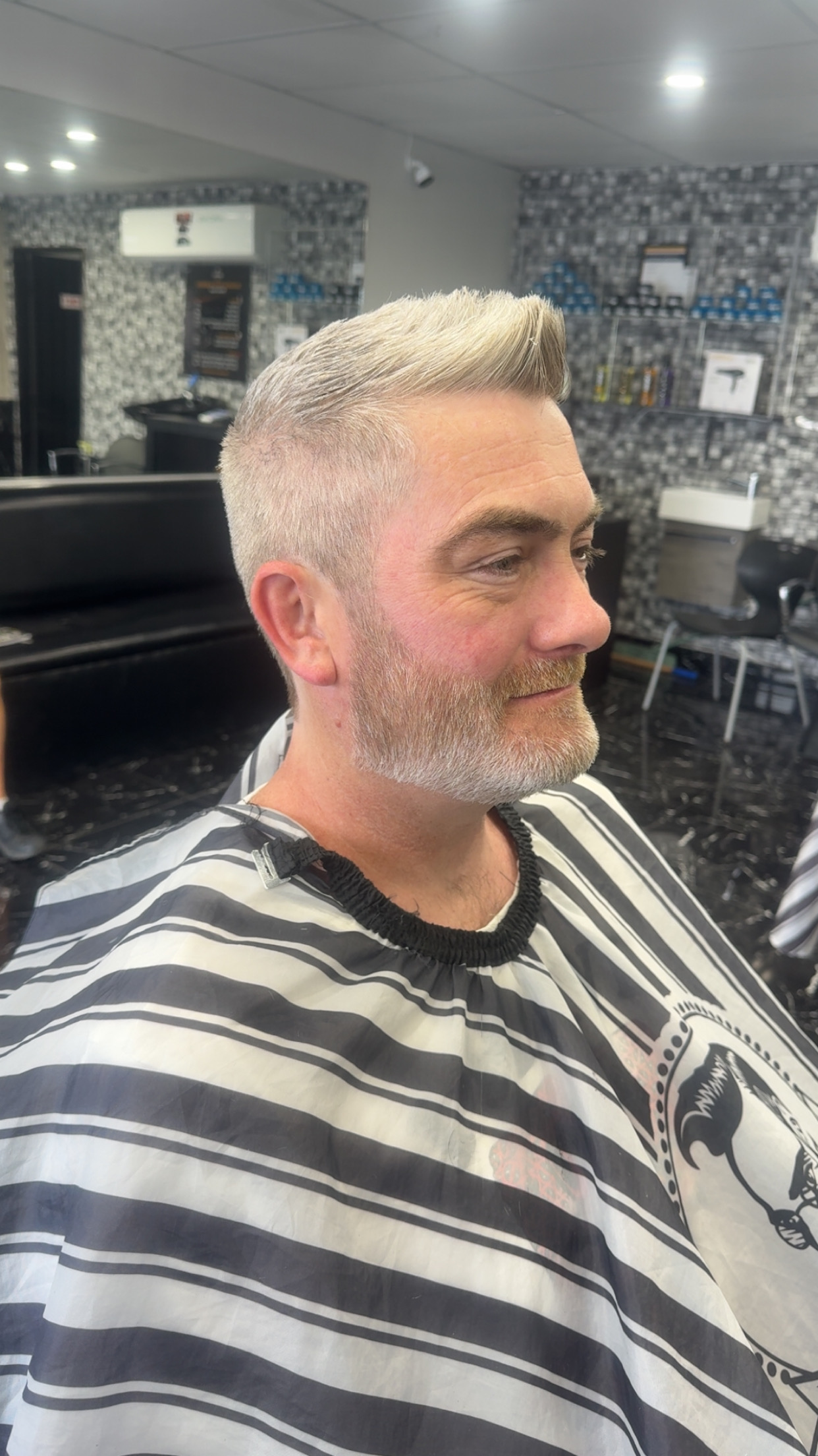 Silver hair styled upward with a full beard
